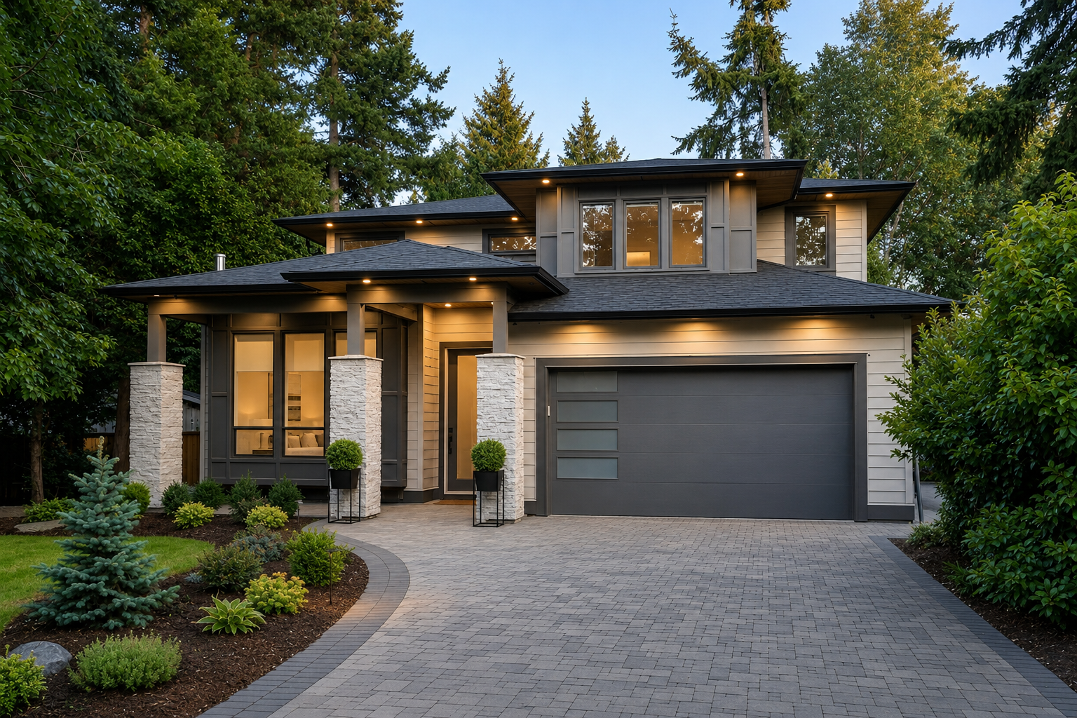 Modern prairie-style elevation · dusk