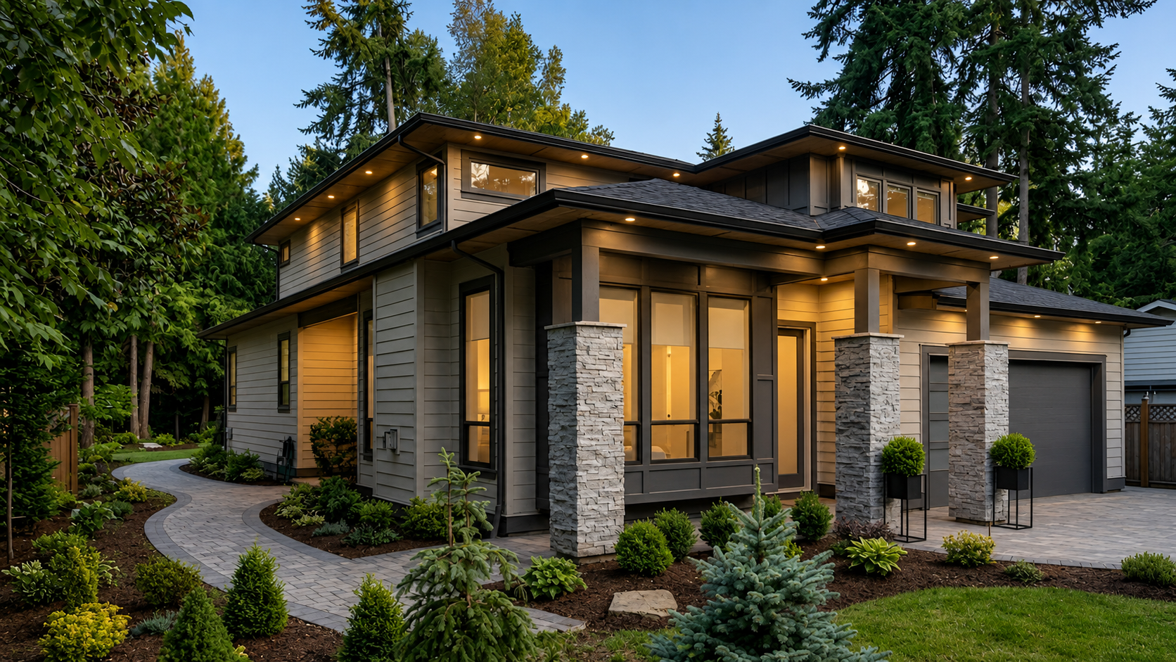 Prairie-style corner elevation · stone columns