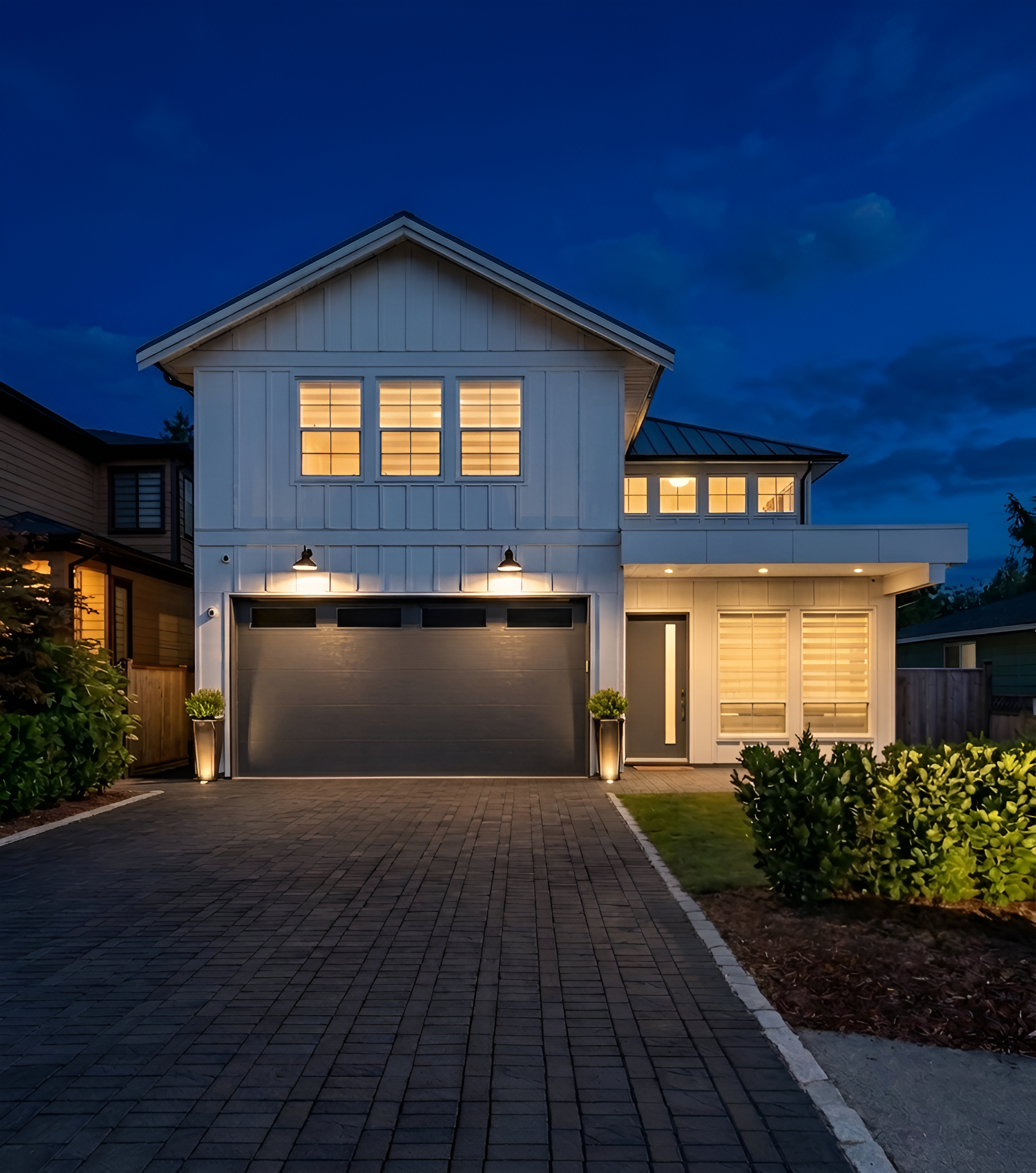 Dusk elevation · evening lighting
