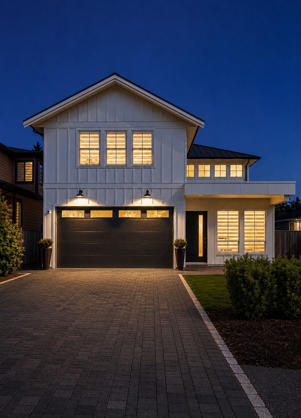 Farmhouse-style elevation · dusk