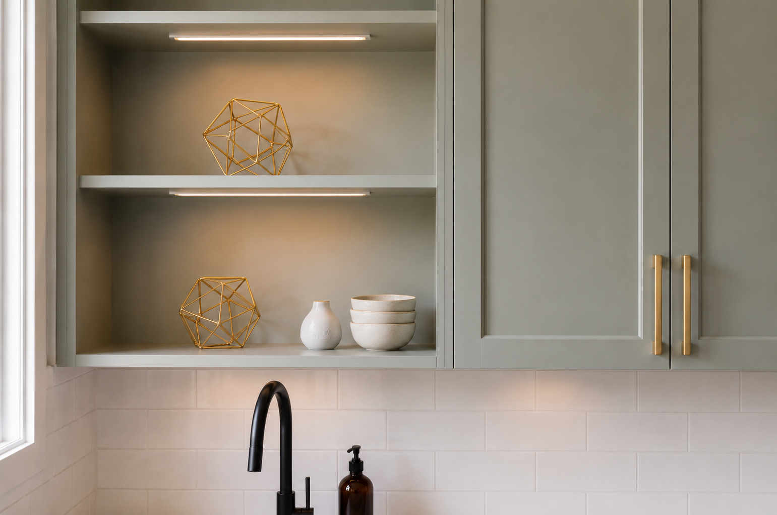 Sage green cabinets · open shelving