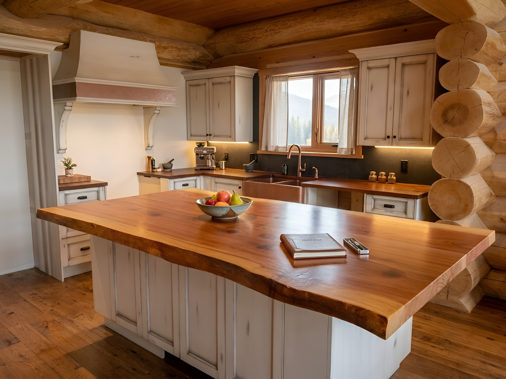Log home · live-edge walnut island