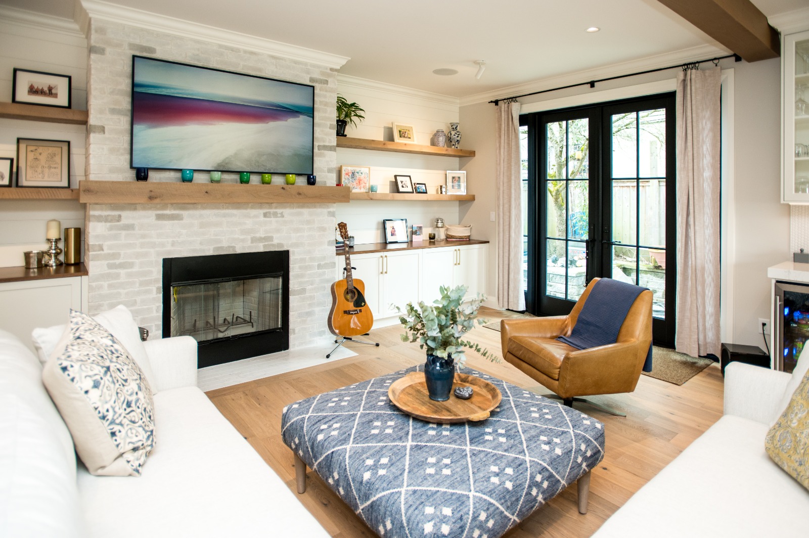 Built-ins · brick fireplace