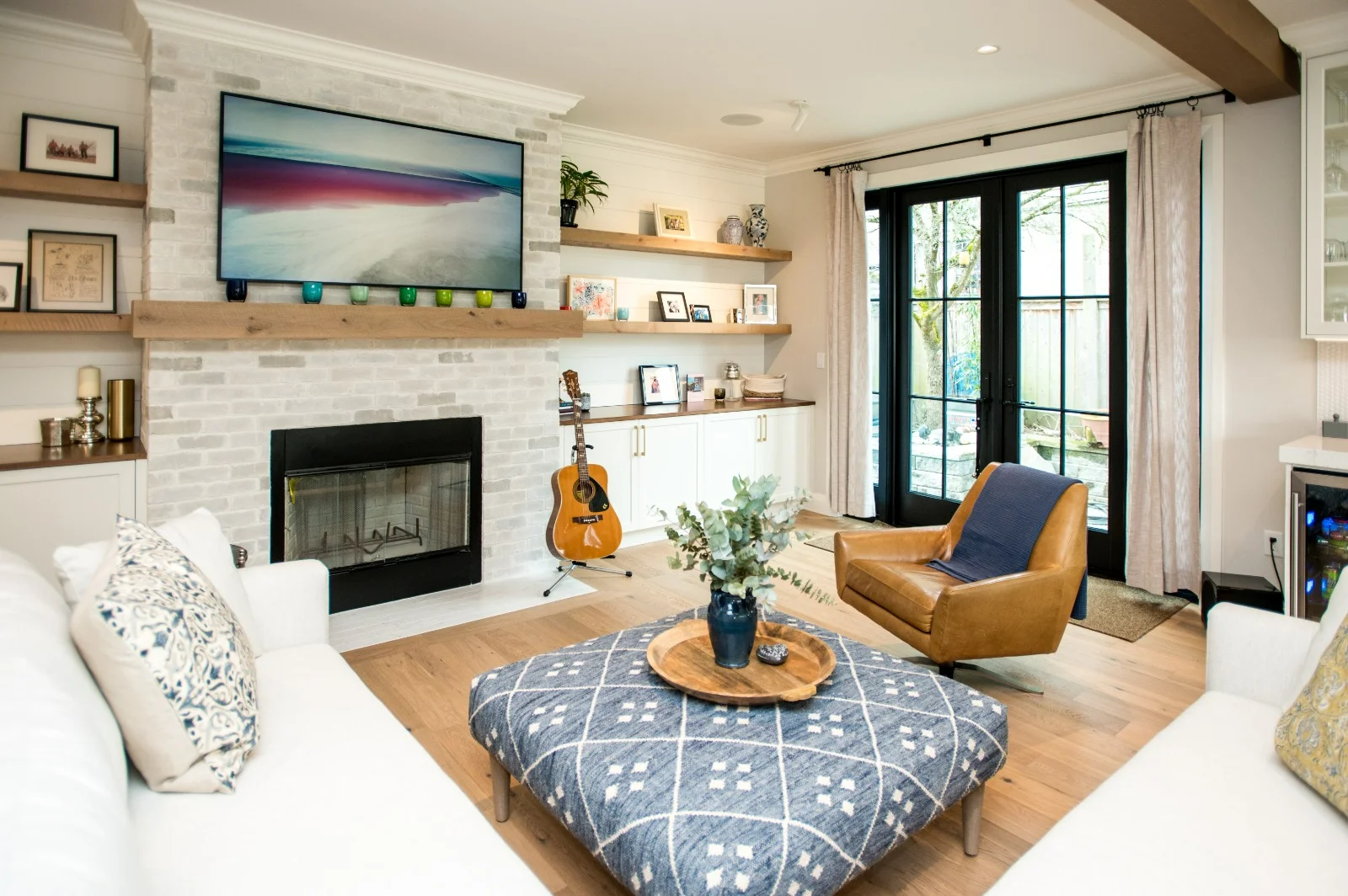 Built-ins · brick fireplace