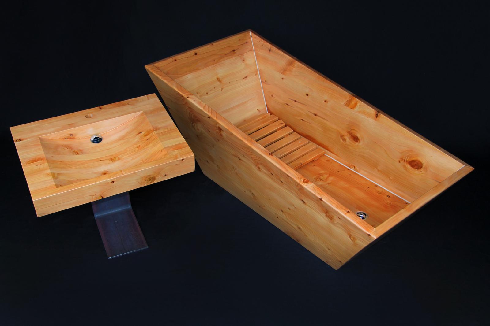 Cedar soaking tub · vessel sink · steel pedestal