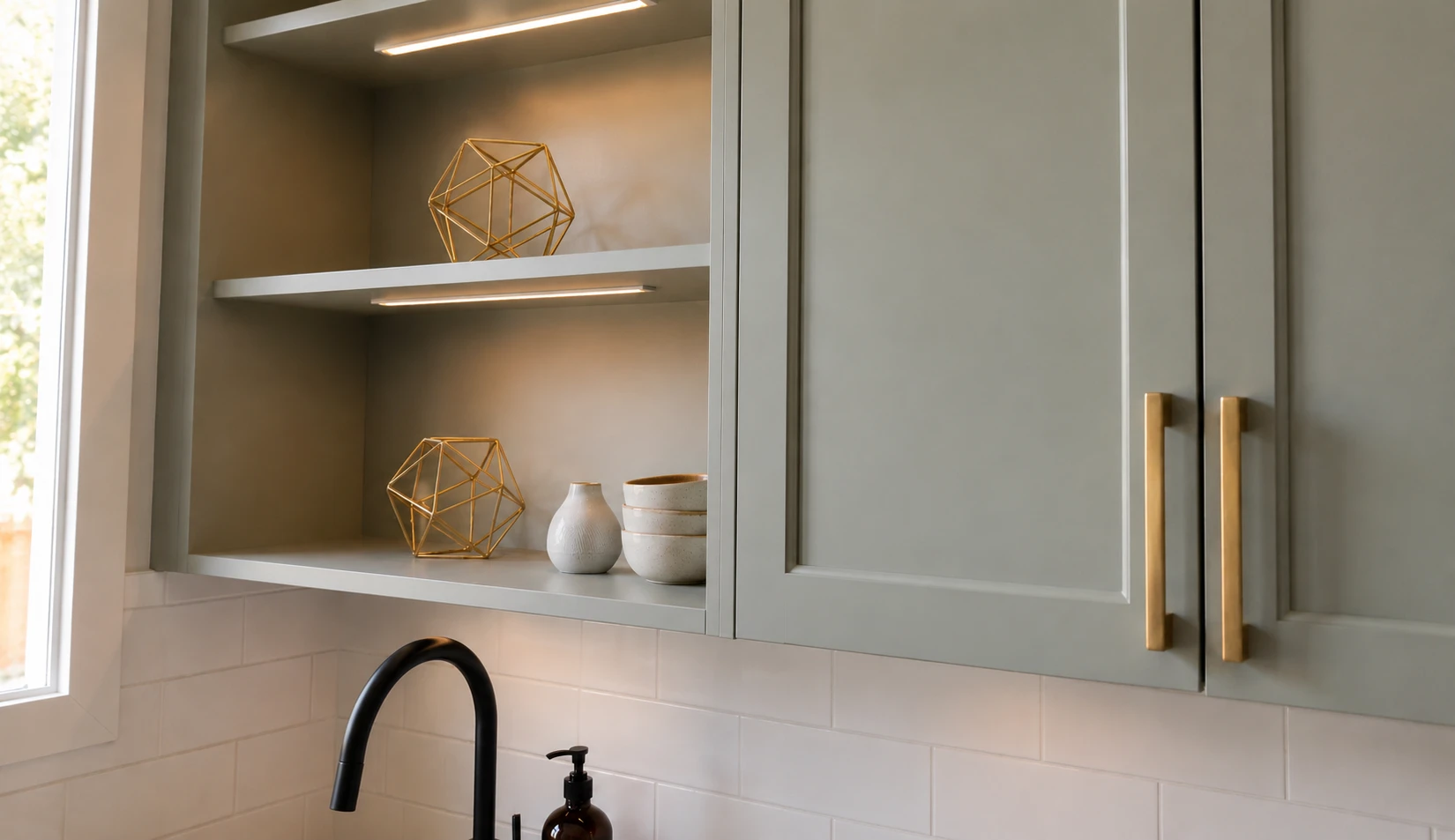 Sage cabinetry · brass pulls