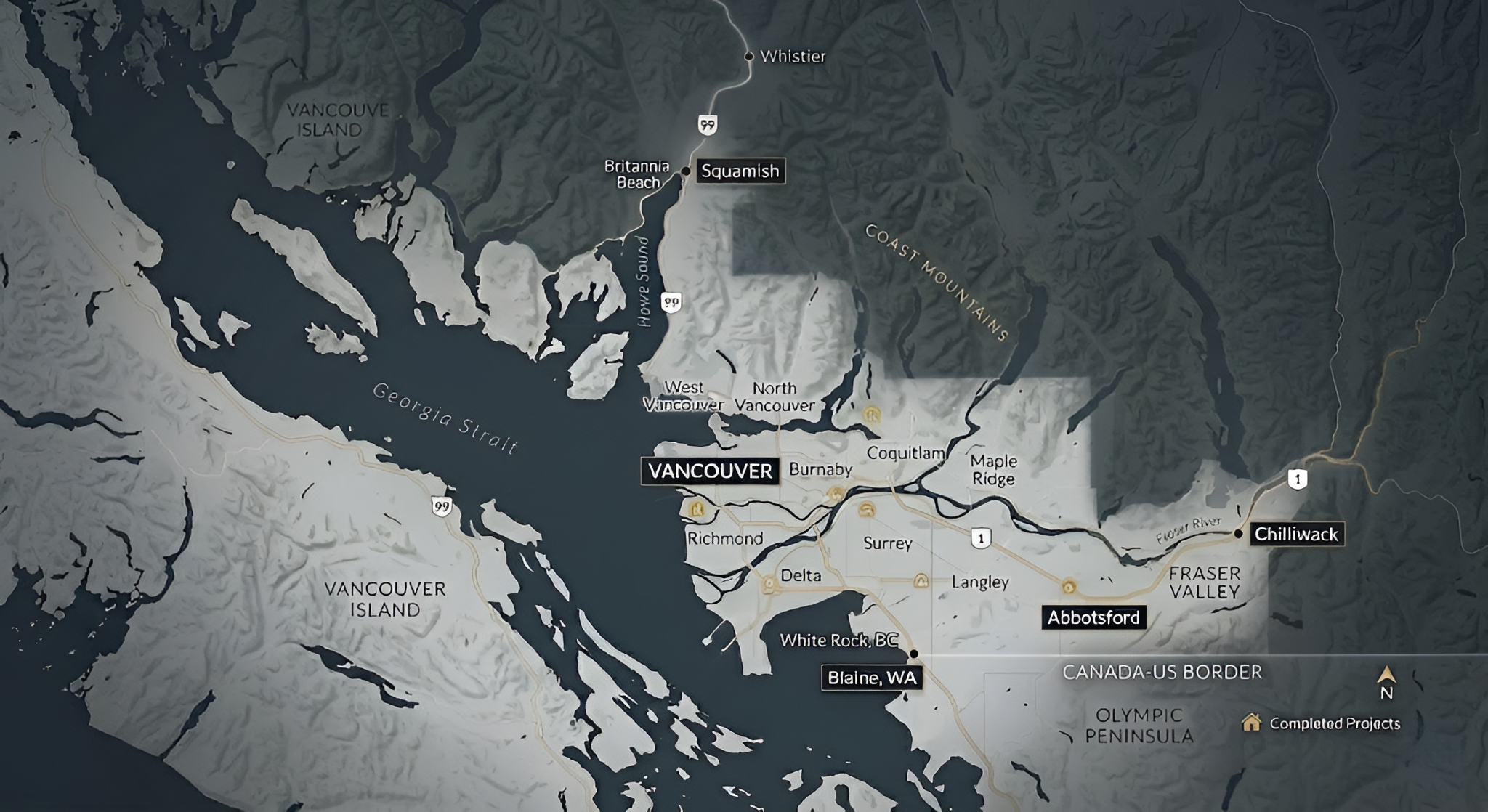 Relief map of the service area — Vancouver, the North Shore, Squamish, and the Fraser Valley out to Chilliwack, with completed-project markers