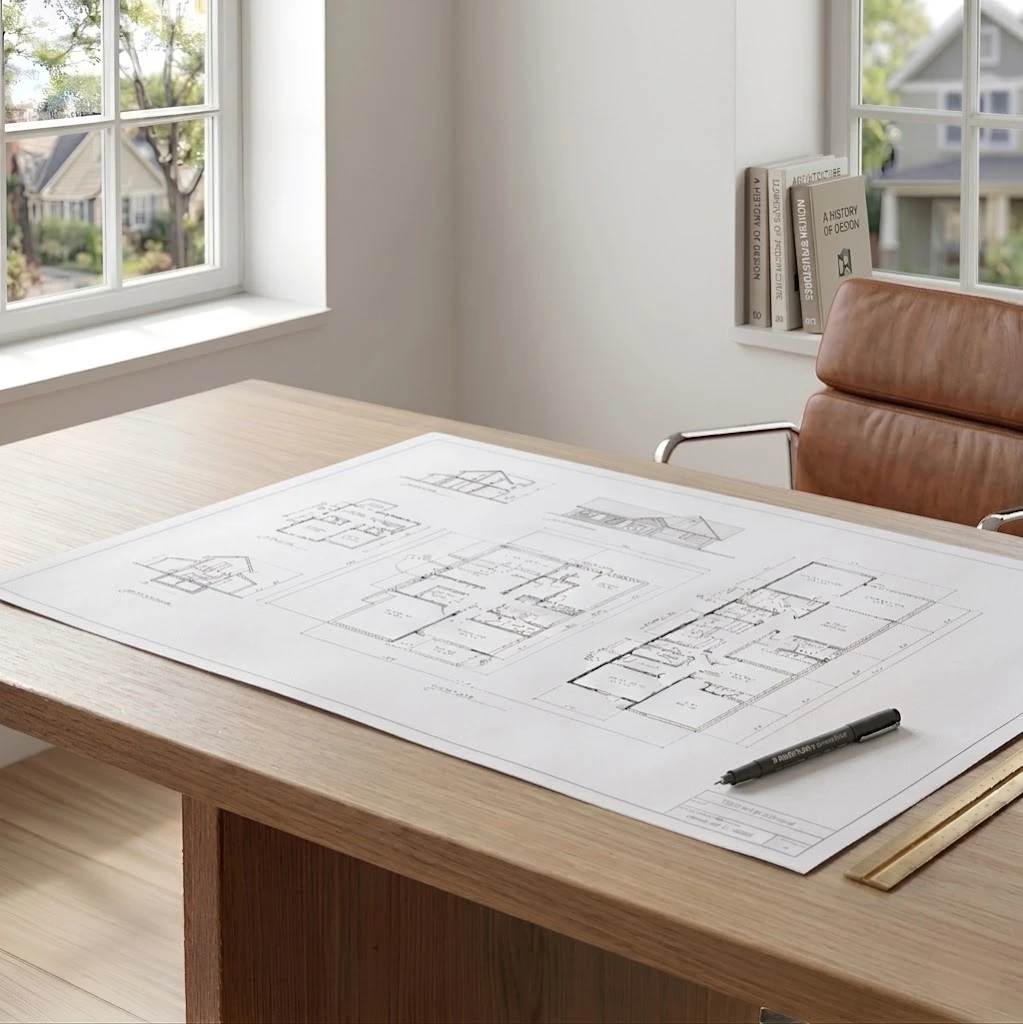 Architectural blueprints rolled out on a sunlit drafting desk with drawing tools