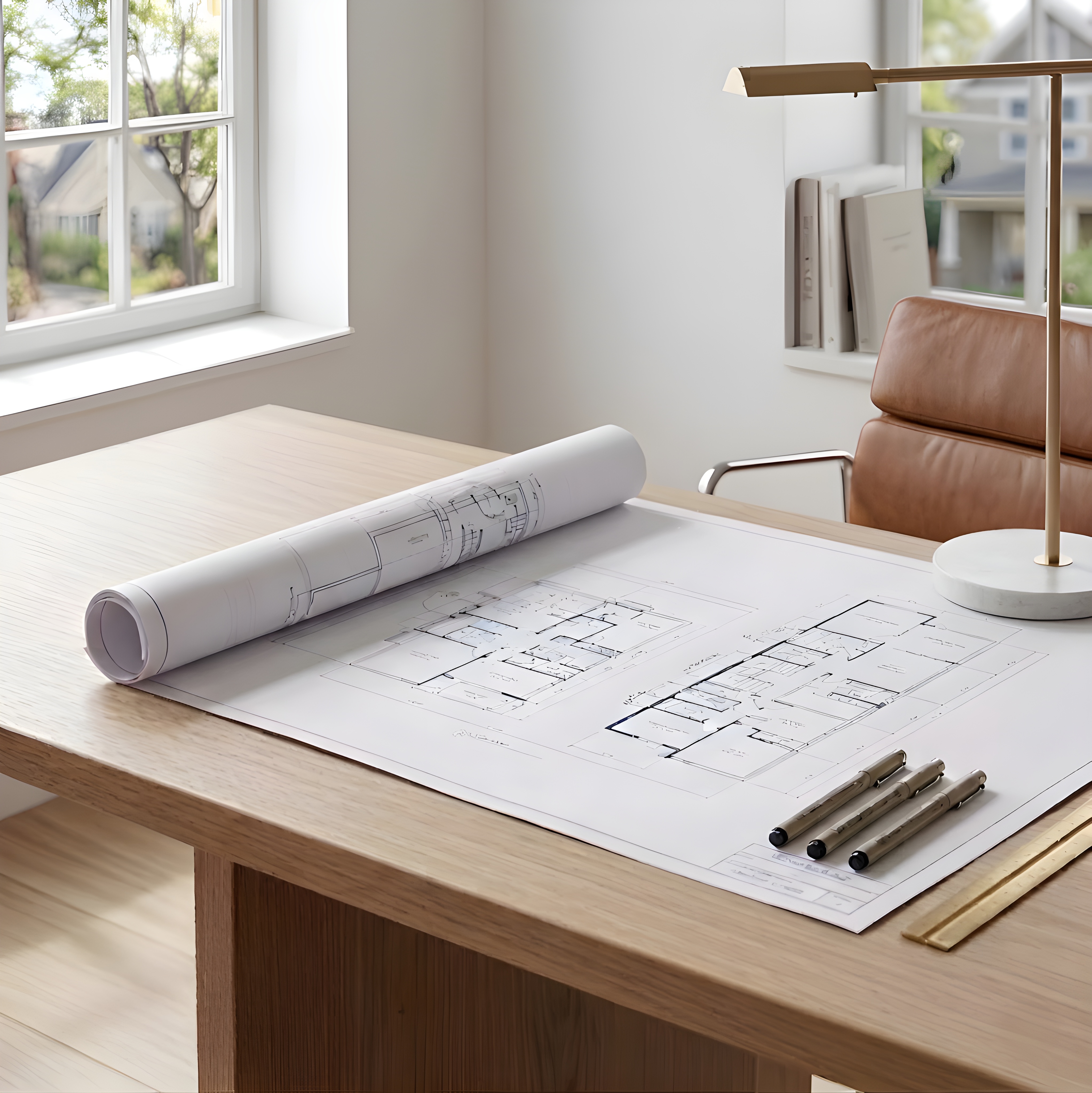 Architectural blueprints rolled out on a drafting desk with drawing tools