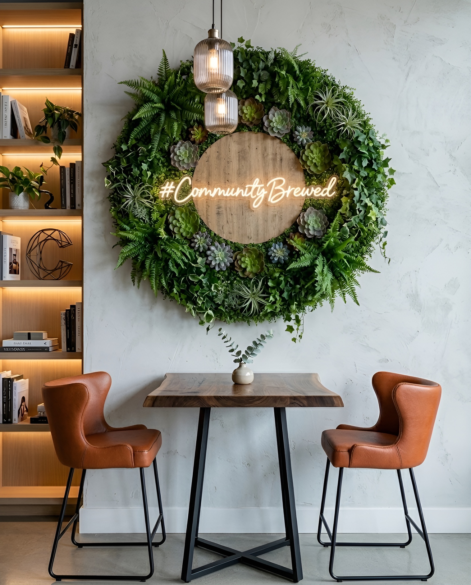 Café interior with living-wall feature and custom counter, representative project type