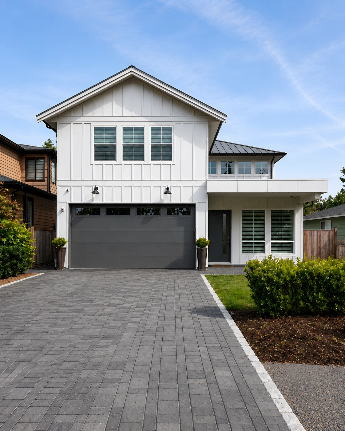 White board-and-batten modern farmhouse with dark garage door and paver driveway