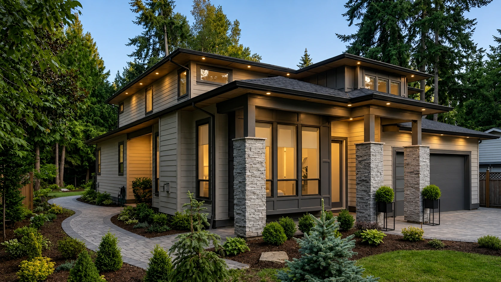 The Treeline Build — modern prairie-style home with stacked-stone columns, hip roofs and a paver driveway at dusk