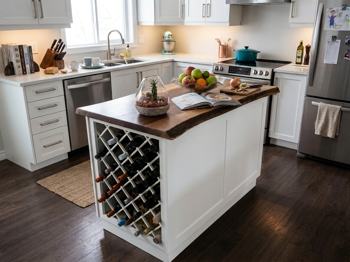 Suite kitchen with white shaker cabinetry, live-edge island with built-in wine rack