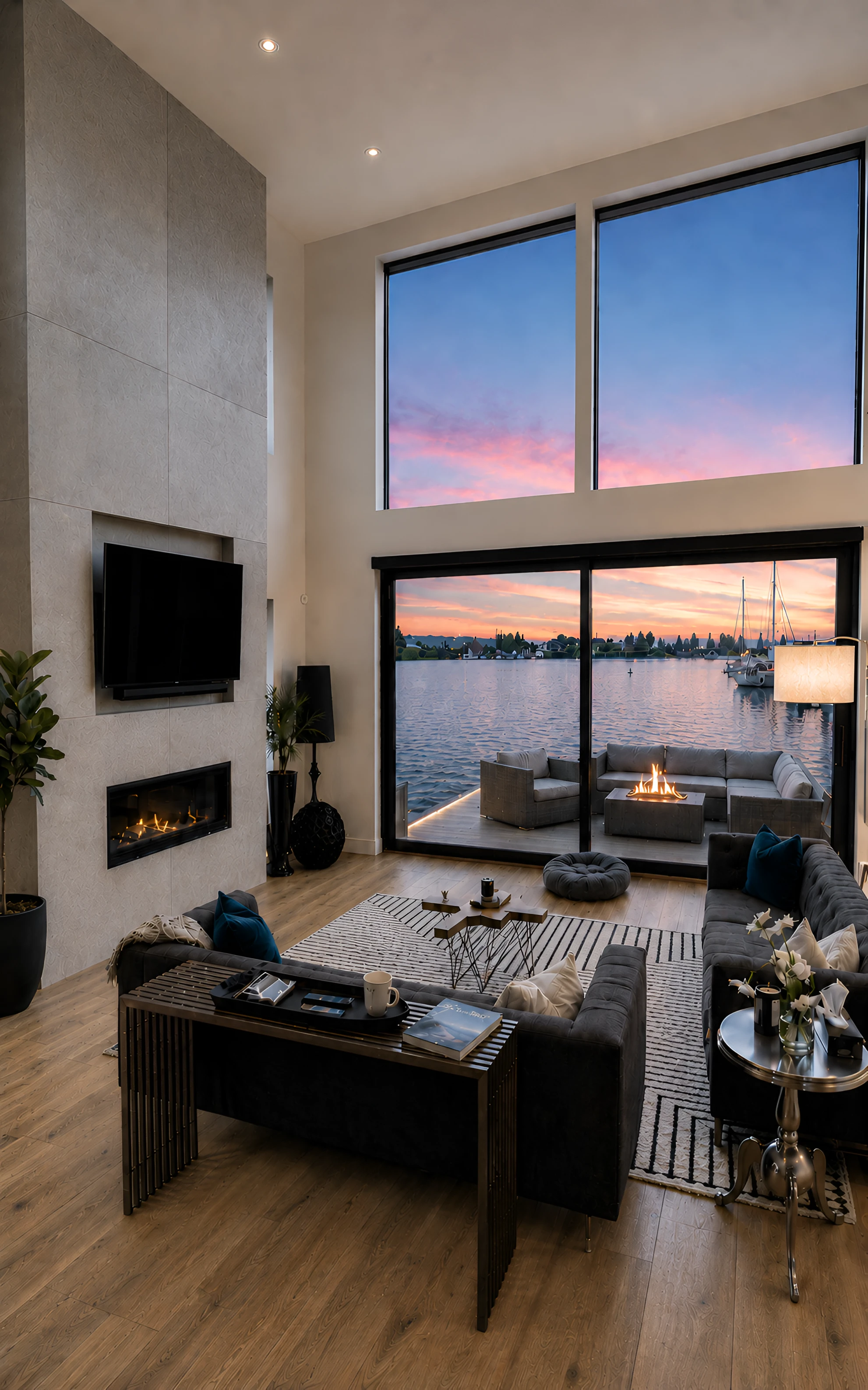 Waterfront living · sunset fireplace