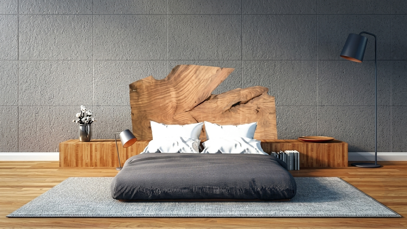 Custom live-edge wood headboard with natural slab form against slate tile wall