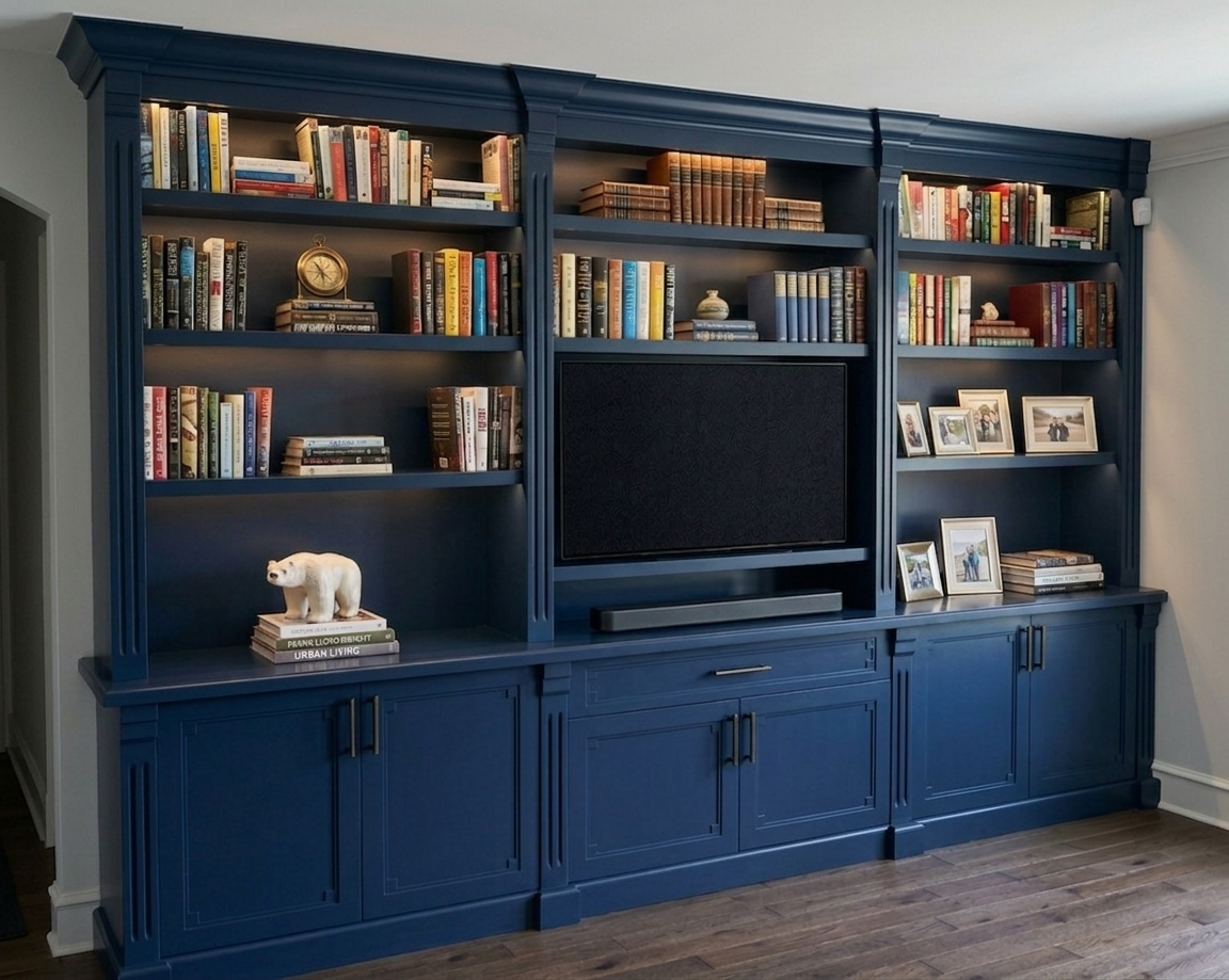 Custom navy built-in bookshelf with integrated TV unit and lower cabinetry