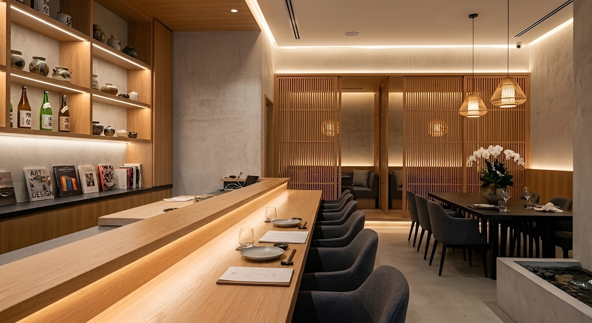 Omakase counter with light oak millwork, sake display, and private dining room, representative project type
