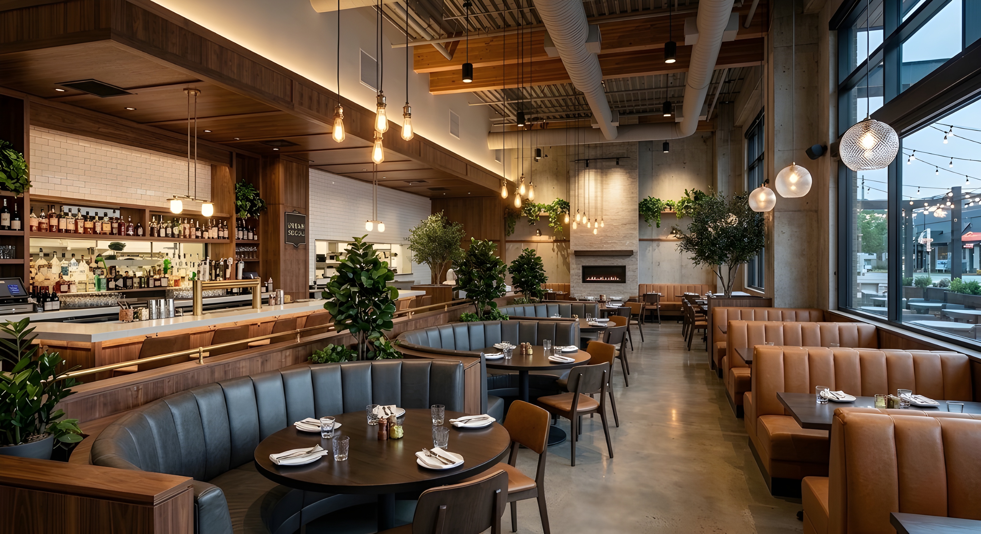 Restaurant dining room with banquette seating, brass railings, and custom pendants